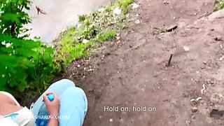 Darkhaired babe blows big cock in hard rough outdoor sex
