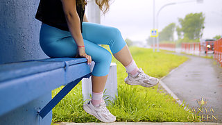 156 Goddess Anya’s Tight Blue Leggings: Provocative Yoga Pants Ass Show