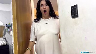 Horny stepmom devours stepson’s cock then rides him like a crazy schoolgirl – creampie surprise