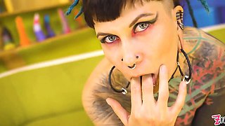 Goth queen teases petite melons & nips then takes aggressive doggystyle, cascading facial