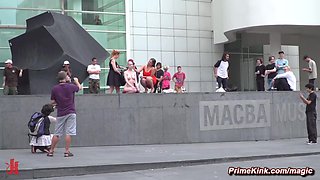 Naked slave gets head shaved pussy in public