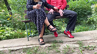 Mature stepmom milks my dick outdoors in the park