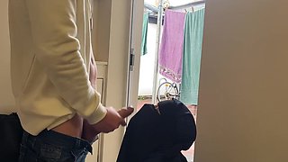 Public quickie head by Arab MILF in hijab with cum in her mouth