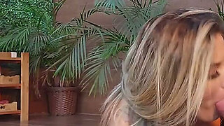 Big-assed Blonde Sucking Cock on the Edge of the Bathtub Before Getting Fucked Doggy-style