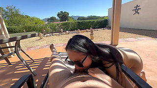 Slutty Kitty sucks and rides Yummy Jimmy to extract his semen on a public balcony