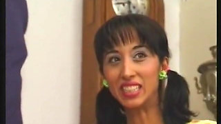 Skinny brunette chick with small tits gets jizzed on her hairy pussy