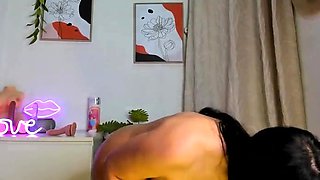 Busty curly brunette with big boobs fucks on couch