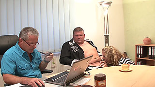 Tattoo German secretary fucked by two dudes in the office