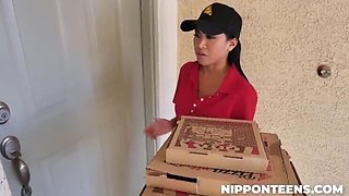 Ember Snow Gets Stuck with Two Guys in Hot Delivery Threesome - Asian Teen Blowjob