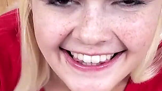 19 year old teen Madison Hart no hands POV blowjob and cum swallow