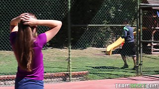 Cute athletic babe lets her coach fuck her tight pussy