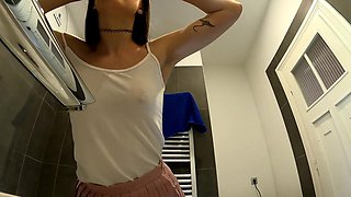 Bare-chested warm dark haired thin and naughty stunner in a pinkish mini micro-skirt to flash her fantastic rump and gams