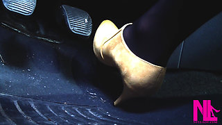 Revving in Yellow Boots and Black Pantyhose