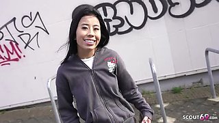 German Scout picks up tiny 43kg half Asian teen Lore for her first casting fuck in Berlin