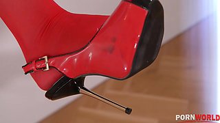 Kinky Secretary - Hot Babe in Red Stockings Masturbates On Desk