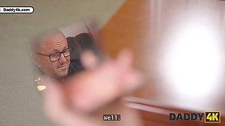 Daddy4k. naughty blondie is flashing her fat porn experience at the job audition