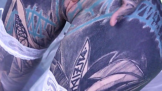 Tattood Girl with Glasses and Buttplug Fucks a Tattooed Dick, DP, Facial