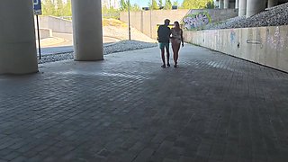 Ginger milf and her amateur partner take a risk - fucking in public at noon
