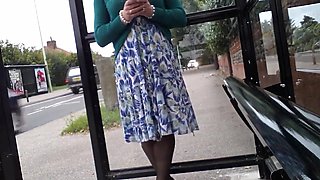 green open fronted dress windy upskirt nylons