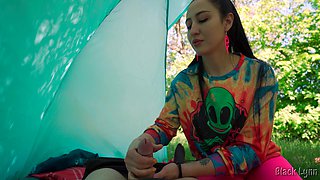 Brunette Hippie Jerks Me Off For Free In A Tent