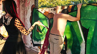 BDSM femdom flogging. Dominatrix Nika punishes her slave at sunset in an abandoned building. Back scratching.