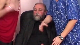 Olds Fuck Dolls - Young Secretary in a 3some with Old Boss and a Cleaning Lady