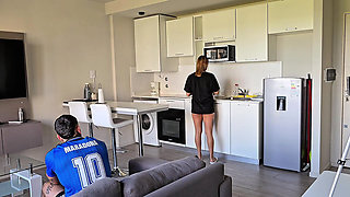 Cheating Wife! Her Husband in Bed and Her Fucking Her Friend on the Couch