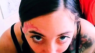 Big tit brunette sucks a big cock blowjob POV