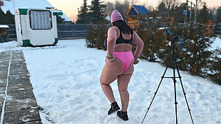 Femdom. Two Busty Women Piss Naked in the Snow, Then Make a Naked Guy Eat and Lick the Yellow Snow.