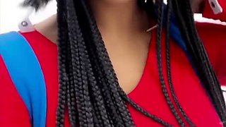 Cum hungry ebony babe with big tits gives blowjob outdoors