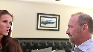 Mature brunette in black stockings and heels gets pounded on bed