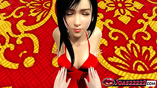Tifa Lockhart in Red Short Dress Explode Big Cock Using Her Big Tits as Masturbator