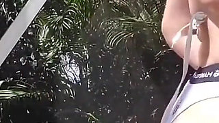 Outdoor Micro Bikini Top and White Panties Oil Tease!