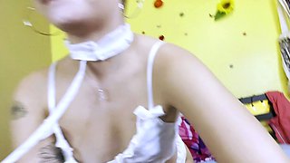 Busty brunette amateur gives sexy blowjob in bedroom