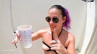 April BigAss Drinks Pee and Swallows Cum in Outdoor Garden Blowjob