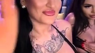 Busty curly brunette with big boobs fucks on couch