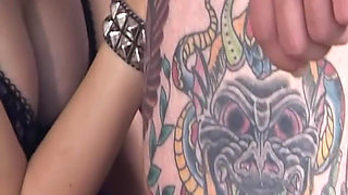 Mature Brunette MILF Sucks Tattooed Cock Deep