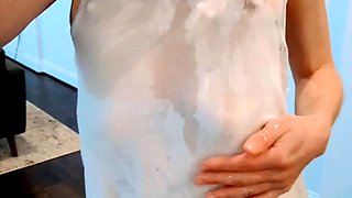 Amateur young brunette enjoys dildo on solo masturbation