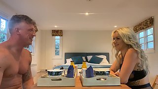 A blonde girl Lana Rose fucks with her boyfriend in cowgirl