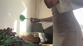 Skinny Russian Cleaning Lady In Transparent Dress - Sexy Feet & Perfect Body Fetish HD