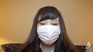 Aroused Japanese brunette took off her face mask before she got her wet pussy fingered