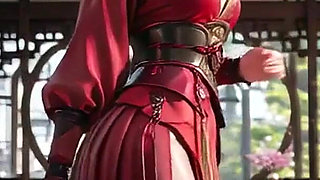 Purple-haired War Maiden in High-slit Kimono, Kneeling to Tease Your Eyes with a Fiery Gaze and a Wet, Forbidden Whisper.