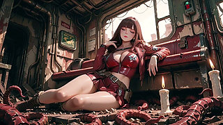 Tight Leather Suit Hugging Her Perfect Hips. She Lounges on the Broken Train Car, Hand Stroking Armor, Eyes Hazy yet Fierce.