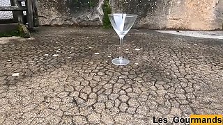 MILF Pissing in Flute with Big Pierced Pussy Lips - 4K HD Stockings & High Heels