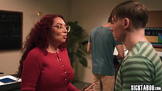 Big breast teacher fucks two students