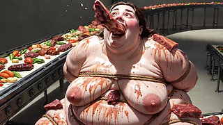 Humiliated BBW Slave Tied and Stuffing Her Belly Deep