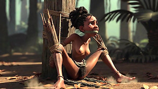 African Girl Bound in Rope Bondage - Hairy Wet Pussy Craving for Cock