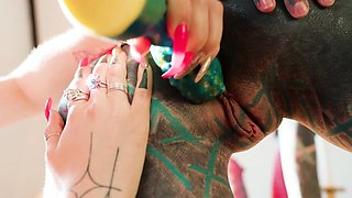 Goth Tattooed Lesbian's Anal Dildo Stretch