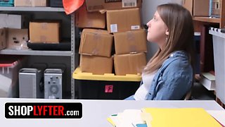 Shoplyfter - pretty petite beauty Brooke Bliss leans over the officer's desk and spreads her feet