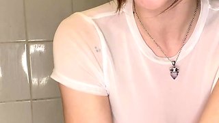 Busty curly brunette with big boobs fucks on couch